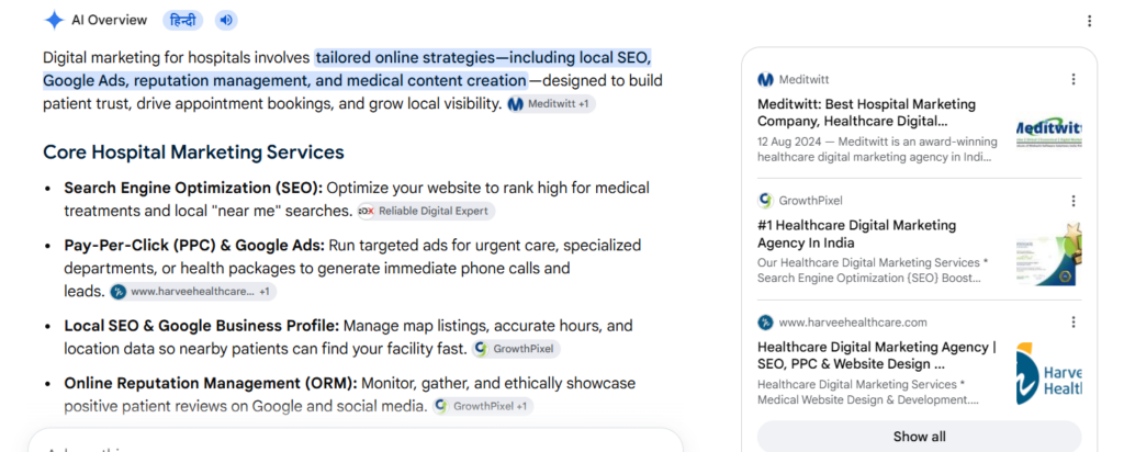 AI assistant response listing structured digital marketing services, an example of GEO-optimized content
