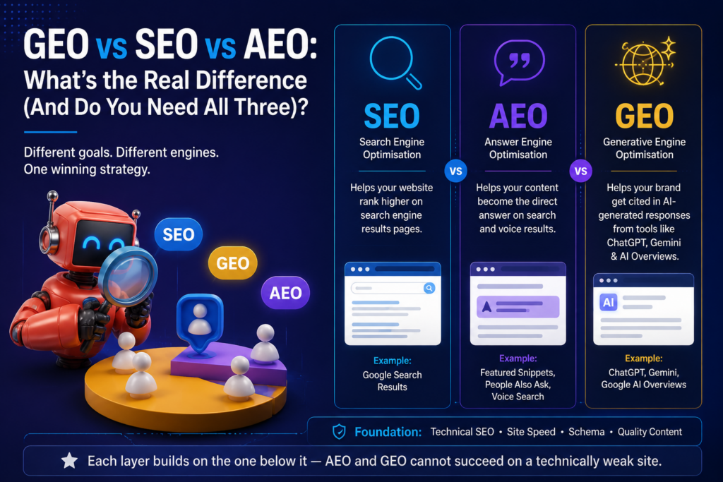 Infographic comparing SEO, AEO, and GEO definitions, platforms, and examples side by side