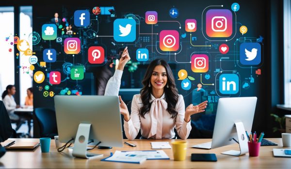 woman-sits-desk-with-facebook-social-media-wall